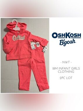 🆕OSHKOSH - 18M - NWT - 2PC SET - INFANT GIRLS CORAL PINK ZIP UP HOODIE AND PANTS